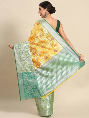 Yellow floral zari brocade traditional saree with blouse piece 3