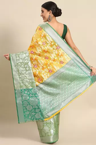 Yellow floral zari brocade traditional saree with blouse piece