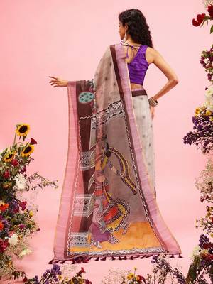 Grey printed cotton blend ethnic saree with blouse piece 3