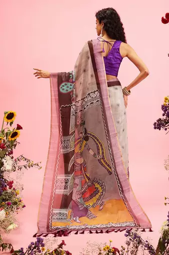 Grey printed cotton blend ethnic saree with blouse piece