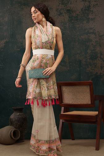 Beige printed cotton blend ethnic saree with blouse piece
