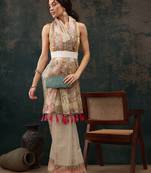 Beige printed cotton blend ethnic saree with blouse piece