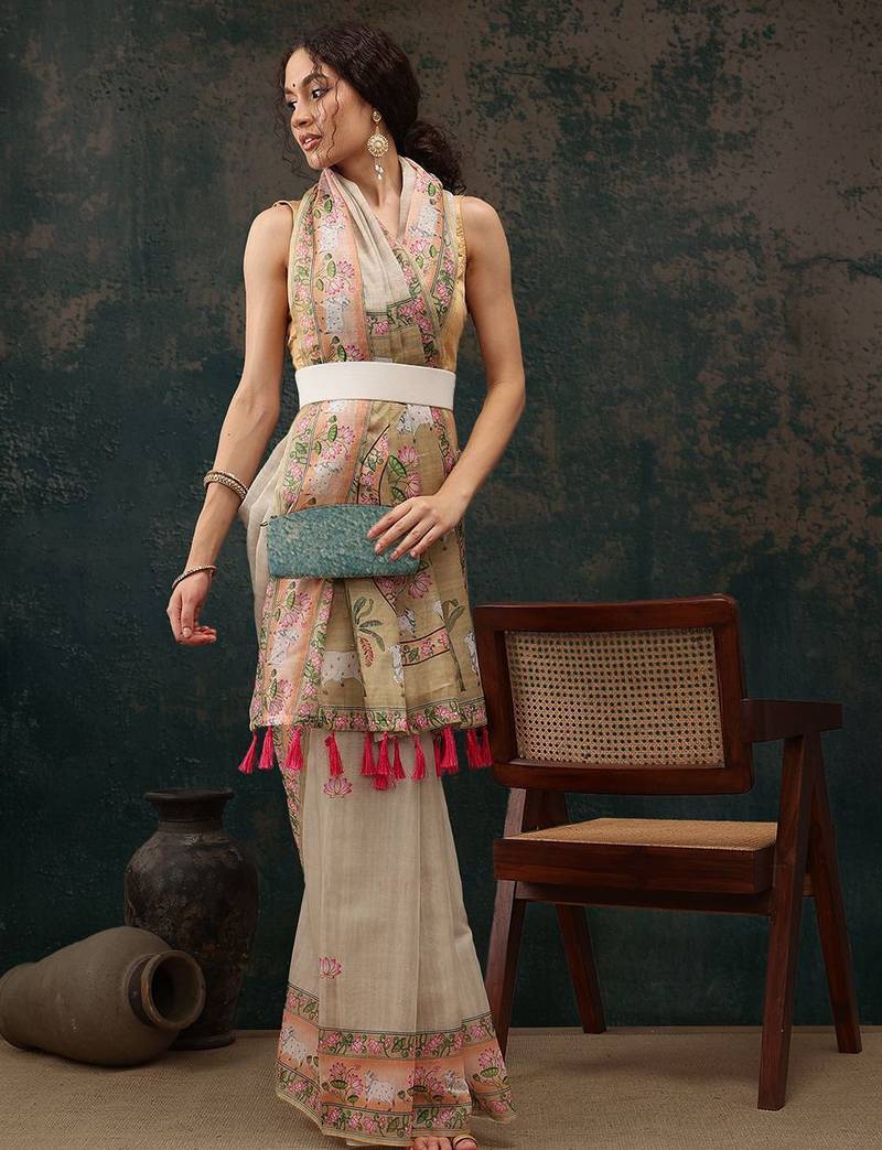 Beige printed cotton blend ethnic saree with blouse piece