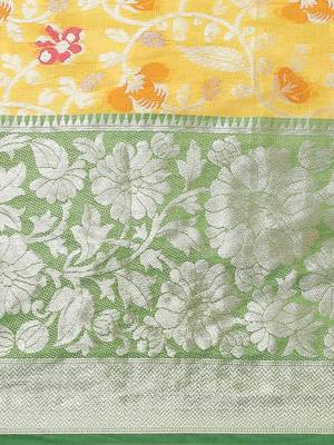 Yellow floral zari brocade traditional saree with blouse piece 4