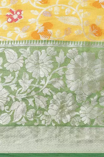 Yellow floral zari brocade traditional saree with blouse piece