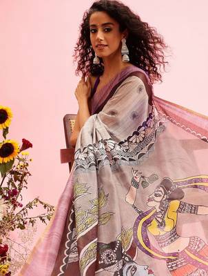 Grey printed cotton blend ethnic saree with blouse piece 4