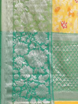 Yellow floral zari brocade traditional saree with blouse piece 5