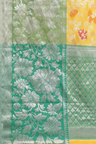 Yellow floral zari brocade traditional saree with blouse piece