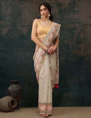 Beige printed cotton blend ethnic saree with blouse piece 2