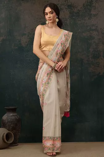 Beige printed cotton blend ethnic saree with blouse piece
