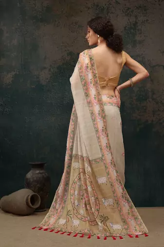 Beige printed cotton blend ethnic saree with blouse piece
