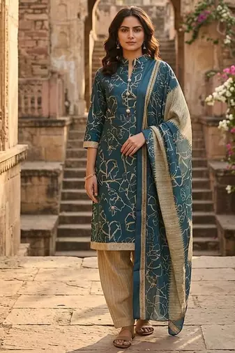Teal printed cotton blend stitched floral print salwar kurta dupatta for women