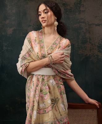 Beige printed cotton blend ethnic saree with blouse piece 4