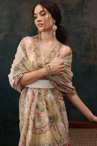 Beige printed cotton blend ethnic saree with blouse piece