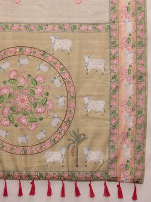 Beige printed cotton blend ethnic saree with blouse piece 5
