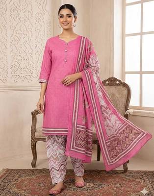 Purple printed cotton blend stitched floral print salwar kurta dupatta for women 4