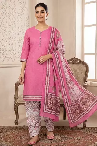 Purple printed cotton blend stitched floral print salwar kurta dupatta for women