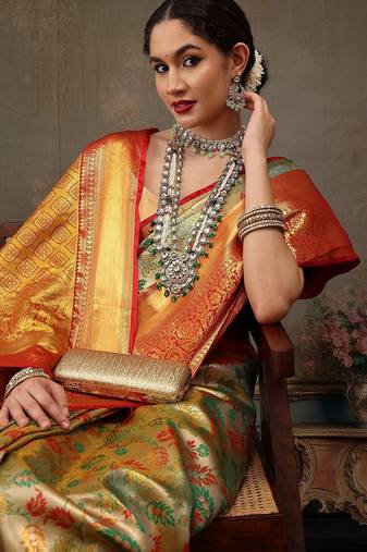 Multicolor woven art silk traditional saree with blouse piece