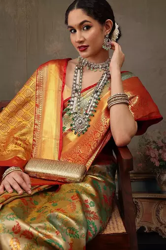 Multicolor woven art silk traditional saree with blouse piece