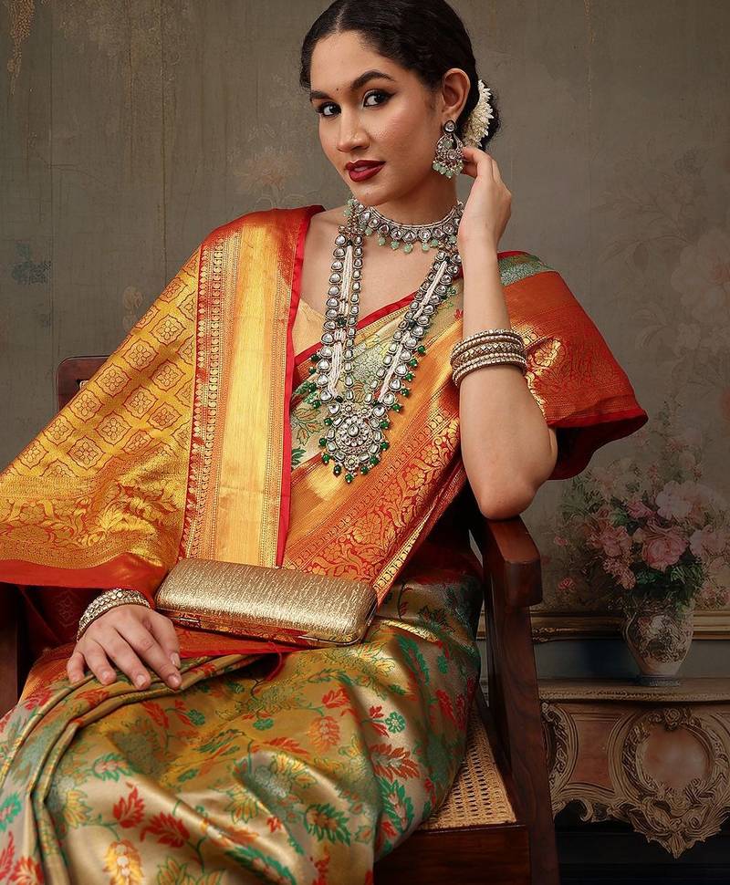 Multicolor woven art silk traditional saree with blouse piece