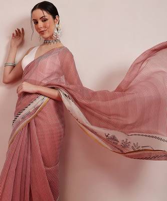 Maroon printed cotton blend ethnic saree with blouse piece 1
