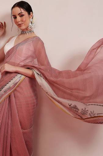 Maroon printed cotton blend ethnic saree with blouse piece