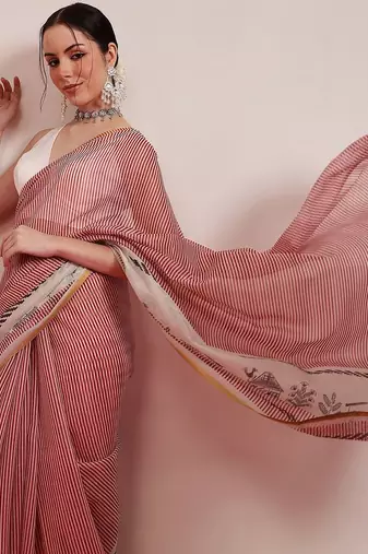 Maroon printed cotton blend ethnic saree with blouse piece