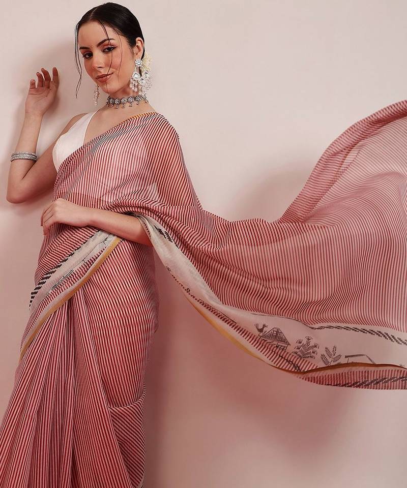 Maroon printed cotton blend ethnic saree with blouse piece