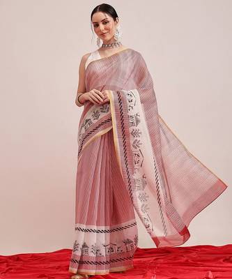 Maroon printed cotton blend ethnic saree with blouse piece 2