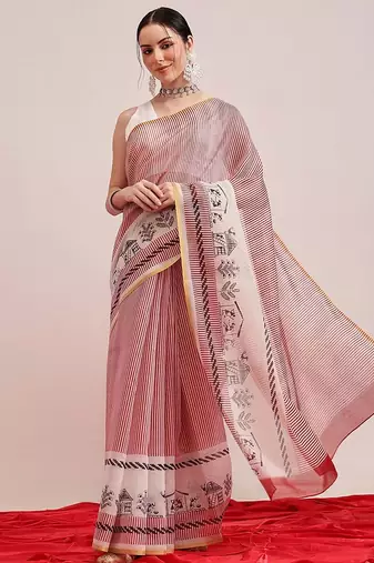Maroon printed cotton blend ethnic saree with blouse piece