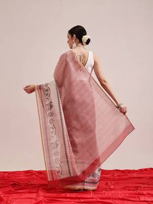Maroon printed cotton blend ethnic saree with blouse piece 3