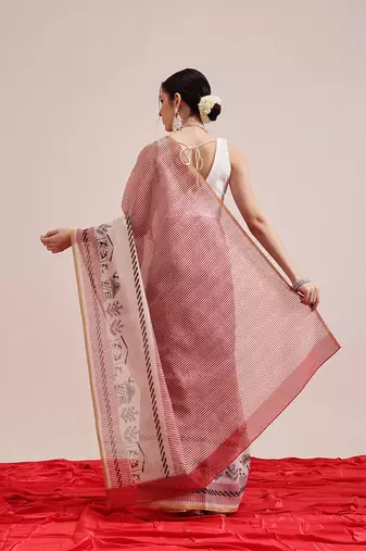 Maroon printed cotton blend ethnic saree with blouse piece