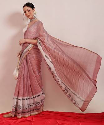 Maroon printed cotton blend ethnic saree with blouse piece 4