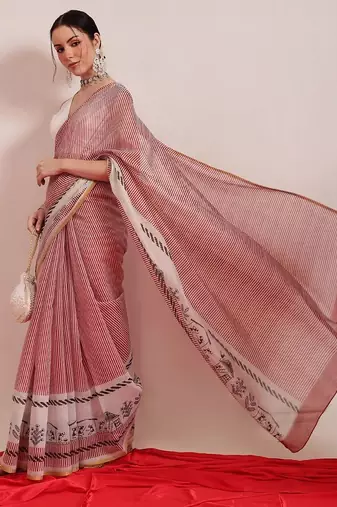 Maroon printed cotton blend ethnic saree with blouse piece