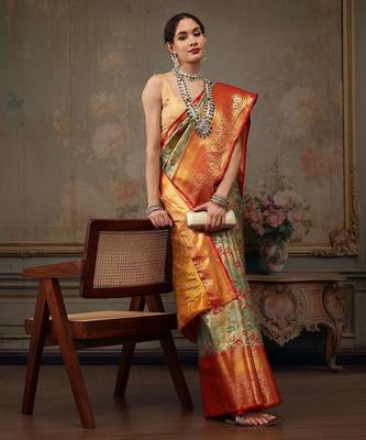 Multicolor woven art silk traditional saree with blouse piece 4