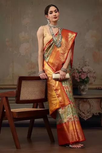 Multicolor woven art silk traditional saree with blouse piece