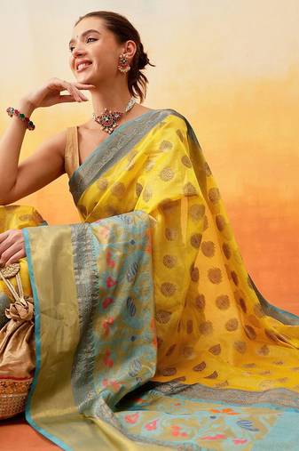 Yellow woven art silk traditional saree with blouse piece