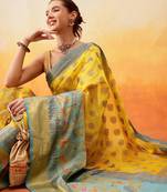 Yellow woven art silk traditional saree with blouse piece