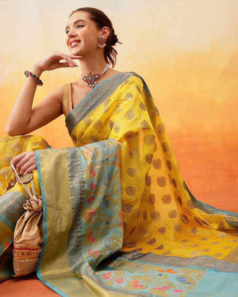 Yellow woven art silk traditional saree with blouse piece
