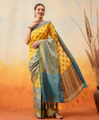 Yellow woven art silk traditional saree with blouse piece 2