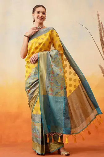 Yellow woven art silk traditional saree with blouse piece
