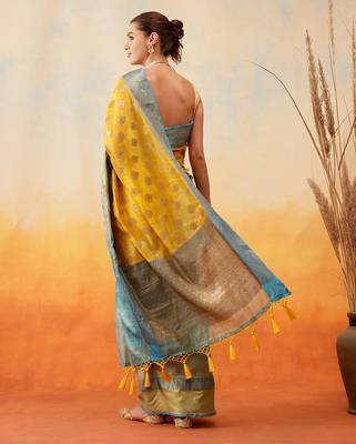 Yellow woven art silk traditional saree with blouse piece 3