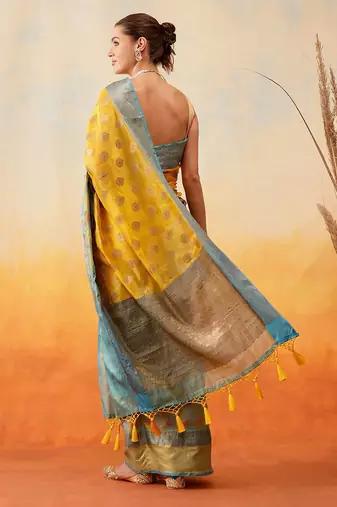 Yellow woven art silk traditional saree with blouse piece