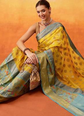Yellow woven art silk traditional saree with blouse piece 4
