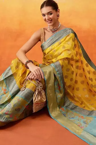 Yellow woven art silk traditional saree with blouse piece