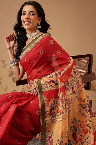 Red printed cotton blend ethnic saree with blouse piece