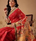 Red printed cotton blend ethnic saree with blouse piece
