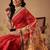 Red printed cotton blend ethnic saree with blouse piece