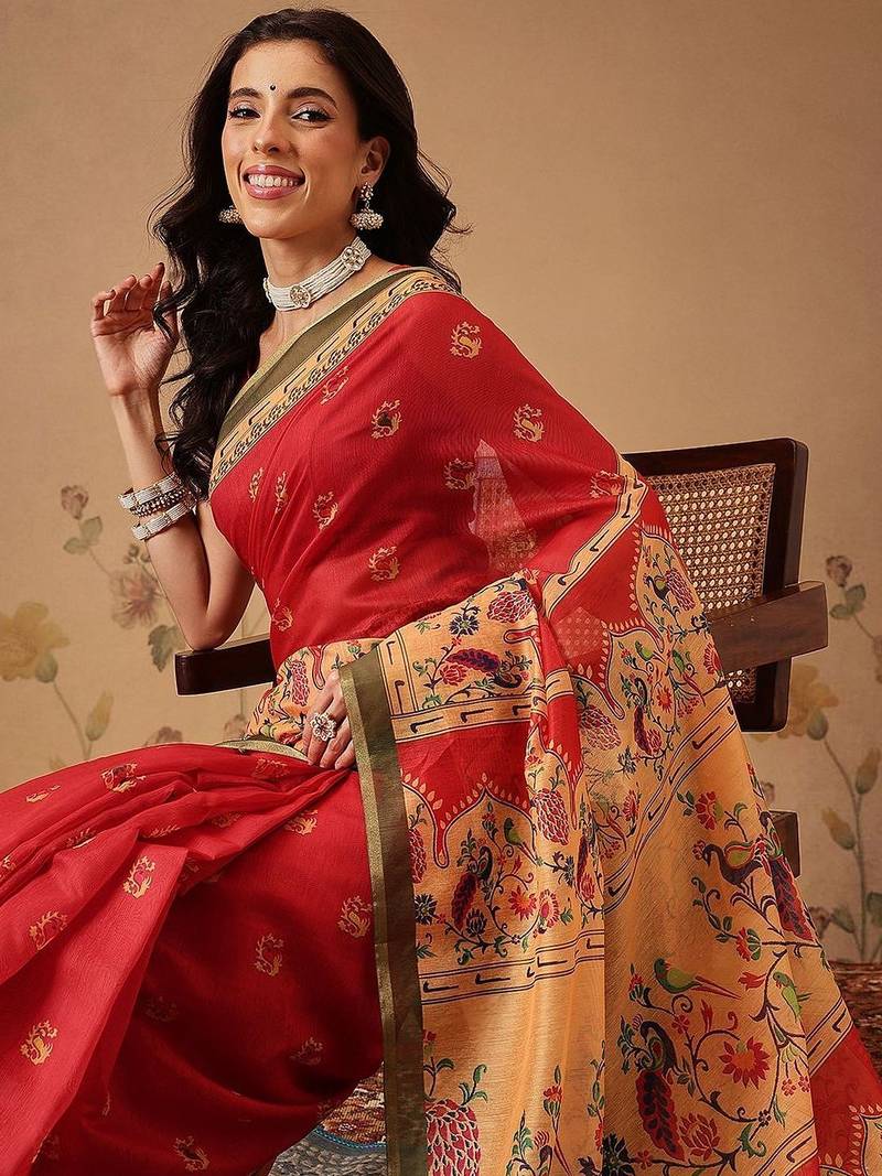Red printed cotton blend ethnic saree with blouse piece