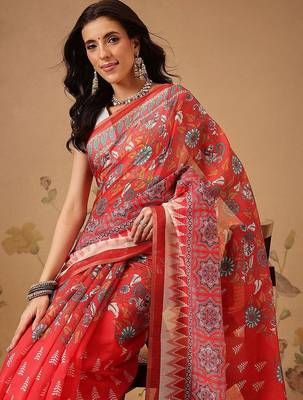 Red printed cotton blend ethnic saree with blouse piece 1